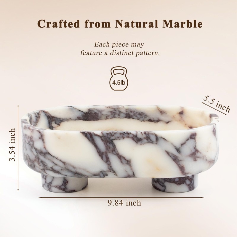 Natural Oval Marble Fruit Bowl, Two-Legged Decorative Bowl Calacatta Viola