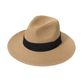 Joligiao Panama Hat Wide Straw Hats Summer Hat Brim Straw Men Women with Large Sun Shade Summer Fedora Straw Hat UV Sun Hat UPF 50+, khaki