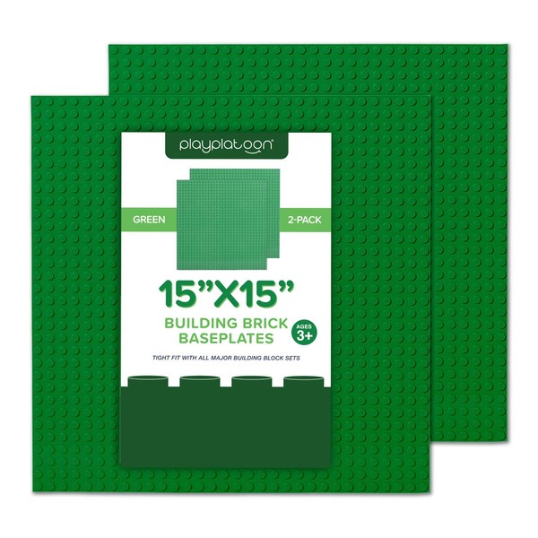 Play Platoon 15 Inch x 15 Inch Baseplate for Building Bricks - Extra Large Landscape for Building Blocks - Green Classic Platform Baseplates Compatible with All Major Brands, 2 Pack