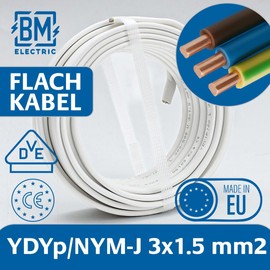 BM Electric Power Cable YDYp NYM 3 x 1.5 - Flat Cable for Window Feed-Through | Ribbon Cable 3 x 1.5 for Electrical Installation | 300/500V