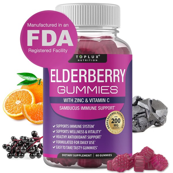 Elderberry Gummies with Zinc & Vitamin C – Sambucus Elderberry Gummy for Immune System Support, Natural Elderberry Extract Supplement for Adults Kids, Alternative to Capsules, Gluten Free, 60 Gummies
