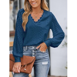 CUPSHE Womens Eyelet Tops Long Sleeve Scalloped Lace V Neck Blouse Trendy Cute Outfit Shirts Blue M