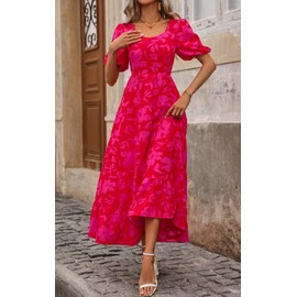 PRETTYGARDEN Womens Dresses 2025 Casual Summer Dress with Sleeves Smocked Top Floral Flowy Tiered Maxi Dress (Red Big Flower, Large)