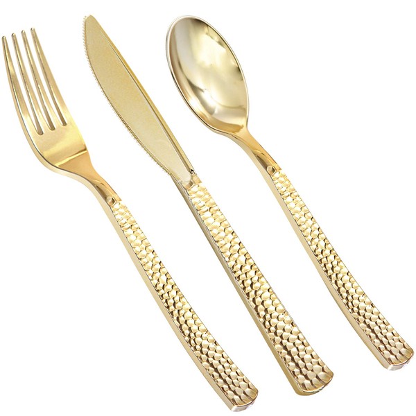 Supernal 360pcs Plastic Gold Silverware,Cutlery,Disposable Utensils,120 Gold Knives,120 Gold Forks,120 Gold Spoons,Perfect for Birthday,Party,Wedding