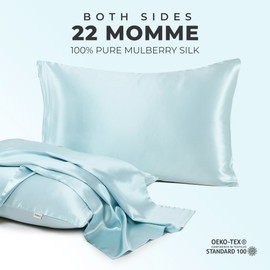 LOOMBERRY 100% Pure Mulberry Silk Pillowcase for Hair and Skin, 6A Grade 22 Momme Silk Pillow Cases with Zipper, Soft Cooling Washable Both Sided Silk Pillow Cover (Aqua Blue, King 20''x36’’)