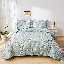 Beach Quilts Set Twin Size Ocean Theme Bedspreads,3 Pcs Seashell Conch Starfish Coverlet Set Lightweight Reversible Bedding with Pillow Shams,Blue