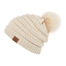 Hatsandscarf C.C Exclusives Unisex Solid Ribbed Pom Beanie (Beige Pom)
