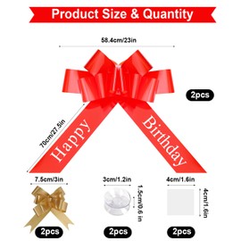 Geschenkschleife Groß, 58cm/23in Große Schleife, Wiederverwendbar Große Rote Schleife für Auto Bedruckt mit Happy Birthday, Rote Schleife Groß mit Saugnapf und Anleitung, für Geburtstag Deko