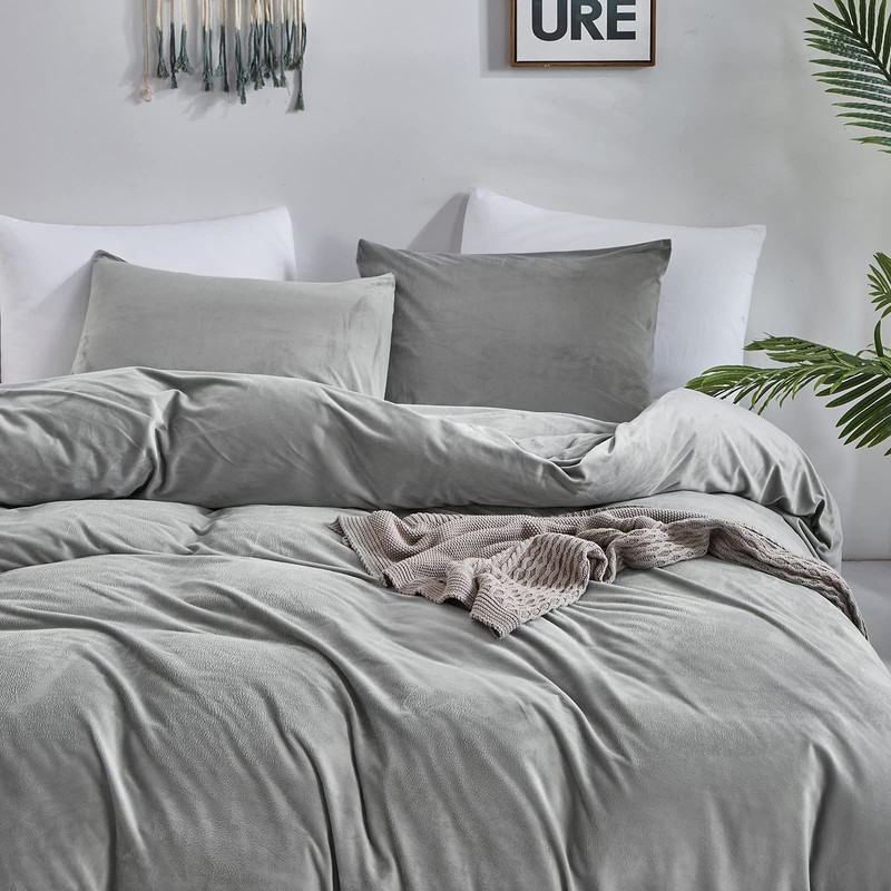 CLOTHKNOW Grey Velvet Twin Comforter Set 3Pcs Gray Fluffy Bedding