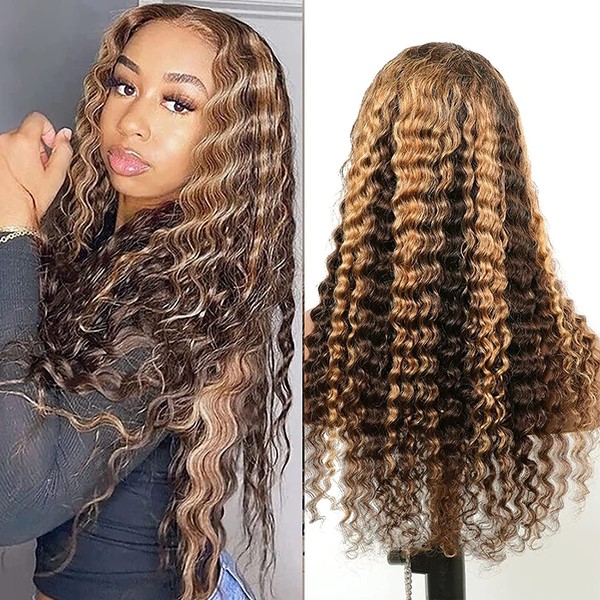ISEE Hair Transparent Lace Front Wigs Human Hair Deep Wave Wigs 150% Density 13X4 Lace Frontal Human Hair Wigs for Black Women Pre Plucked with Baby Hair (22 Inches, Honey Blonde Highlights)