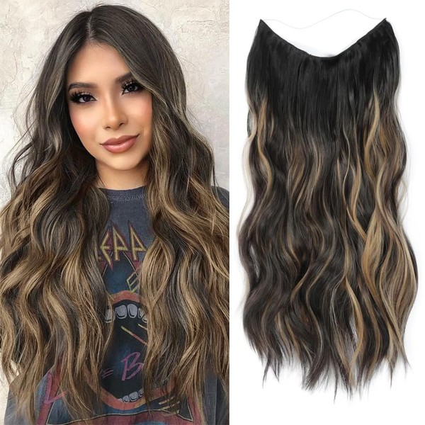 Invisible Secret Hair Extensions with Adjustable Size Removable Clips 20 Inch Long Hair Brown with Highlights Synthetic One Piece Curly Hair Pieces for Women