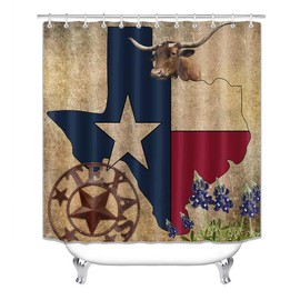 Jayden&Madge 4PCS/Set Western Shower Curtain, Vintage Brown Barn Texas Star Map and Flag, Lone Star Farm Animal Rustic Country Farmhouse Bathroom Decor, Non-Slip Bath Rugs, Cow and Flower