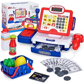 FS Toy Cash Register for Kids with Scanner, Play Money, Credit Card, Shopping Basket, Pretend Play Toys Grocery Store Items for Toddler Age 3-5-7 Years Old Boys and Girls Preschool Learning Activities