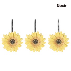 Sunlit Yellow Sunflower Shower Curtain Hooks, Home Decorative Shower Curtain Rings for Bathroom, Resin, Summer Floral Shower Curtain Hanger Hooks for Living Room, Set of 12