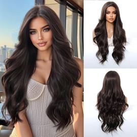 Looxey Long Wavy Wig for Women 28 Inch Curly Hair Wig Dark Brown Heat Resistant Soft Synthetic Wigs for Women Daily Use Party Cosplay