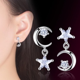 Wendalern Moon Star Asymmetrical Earrings Zirconia Star Moon Dangle Drop Earrings Mismatch Pentagram Moon Tassel Statement Earrings Jewellery for Women and Girls, Zinc, No Gemstone