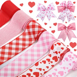 Sanwuta 6 Rolls 30 Yards Valentine's Day Burlap Wired Ribbon 2.5 Inch Heart Printed Valentine's Day Burlap Ribbon Checkered Ribbon Buffalo Plaid Ribbons for Wreath Bow Craft Decor