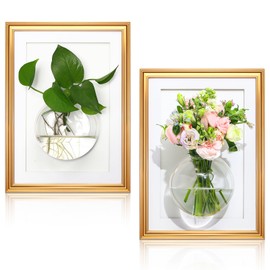 Chunful 2 Set Wall Hanging Planter Propagation Station with Wood Picture Frame and Glass Flower Vase for Hydroponics Plants Home Office Bathroom Living Room Decor