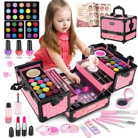 Hollyhi 59Pcs Kids Makeup Kit for Girl, Washable Play Makeup Toys Set for Dress Up, Beauty Vanity Set with Cosmetic Case Birthday Toys for Girls 3 4 5 6 7 8 9 10 11 12 Year Old Kids Toddlers ( Pink )