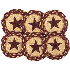 VHC Brands Burgundy Tan Jute, Coaster Set of 6