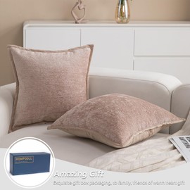 Hompooll 2 Packs Neutral Decorative Throw Pillow Covers 18x18 Inch Camel Farmhouse Soft Chenille Couch Pillow Covers, Modern Accent Euro Velvet Solid Pillowcase For Living Room Home Decor Bedroom Gift