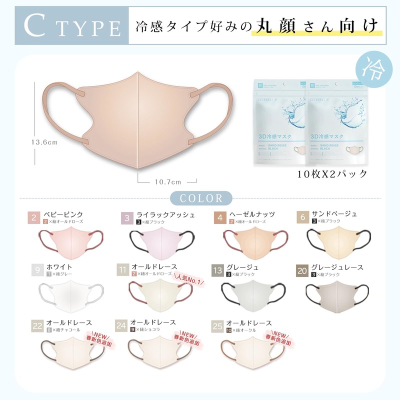 [CICIBELLA] シシベラ 冷感不織布マスク 20枚 立体 マスク 不織布 使い捨てマスク 3dマスク 小さめ