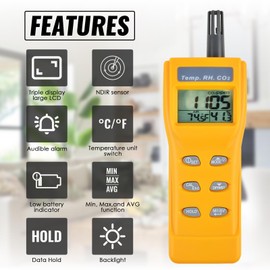 DANOPLUS CO2 Meter Handheld CO2 Detector, 0-9999ppm Digital CO2 Monitor Temperature and Humidity Meter Carbon Dioxide Detector with NDIR Sensor Buzzer Alarm and Clibration Function for Home Grow Room