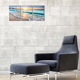 Pyradecor 3 Panels Blue Beach Sunrise White Wave Pictures Painting on Canvas Wall Art Modern Stretched Seascape Canvas Prints Seaview Landscape Artwork for Home Office Decorations