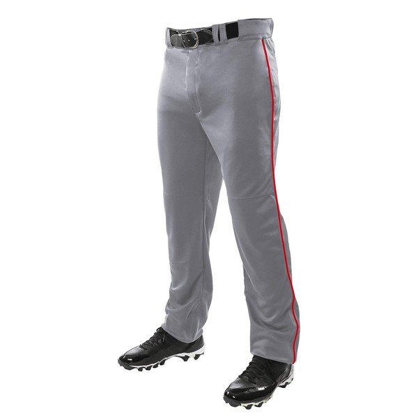 CHAMPRO Standard Men's Triple Crown Open Bottom Baseball Pants, Grey, Scarlet Piping, Medium