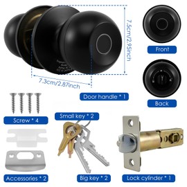 Smart Door Knob Stable Fingerprint Door Knob with 3 Keys APP/Key/Fingerprint Control Door Lock Safe 3 Ways Unlock Door Knob Emergency Charging Door Lock for Interior Doors(Black)