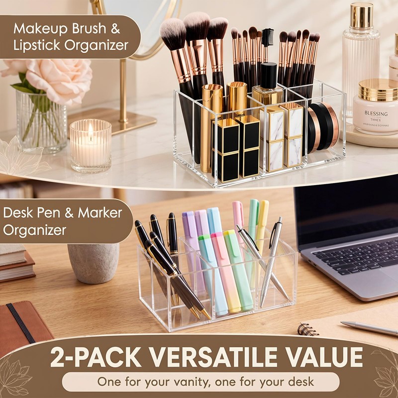 Zhehao 2 Pack Clear Acrylic Desk Organizer, 6-Slot Makeup Brush