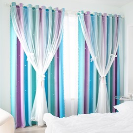Yancorp Kids Curtains for Girls Bedroom Princess Curtains for Daughter Room 84 Inches Long Star Curtains with Tieback & 3 Bowties(Purple Teal Blue, W52 X L84),1 Panel