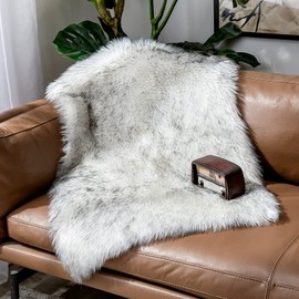 MIULEE Faux Fur Area Rugs Sheepskin Fluffy Mat Fleece Chair Cover Seat Pad Soft Shaggy Area Mat for Bedroom Sofa Floor 60 x 90 cm Rectangle White+Grey