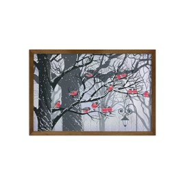 Ambesonne Winter Framed Wall Art, Bullfinches on Trees Winter City Park Snow Cold Weather Immigrant Birds Design, Fabric Decor with Teak Tone Wood Frame Home & Dorm Decor, 35" x 23", Grey Coral