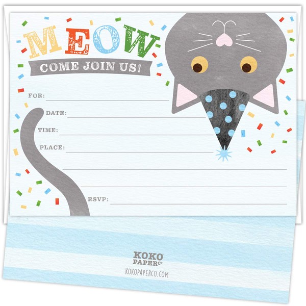 Koko Paper Co Cat Birthday Invitations | 25 Fill-In Style Cards and White Envelopes | Printed on Heavy Card Stock