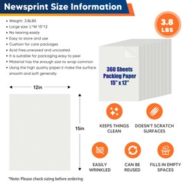 Donyang 15" x 12" Newsprint Paper for Packing Boxes, 360 Sheets Packing Paper for Moving Boxes, Newspaper Packing Materials, Ideal for Drawing, Sketching, Wrapping, Shipping, Packaging, Dishes Glasses Filler