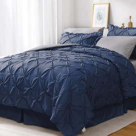 JOLLYVOGUE King Size Comforter Set 7 Pieces, Navy Blue/Gray Bed in a Bag Comforter Set for Bedroom, Beddding Sets with Comforter, Sheets,Ruffled Shams & Pillowcases