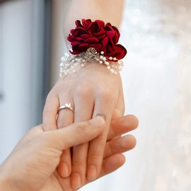 TSKDKIT 2PCS Red Corsage for Wedding and Prom Rose Wrist Corsage Bracelet with Pearl Wrist Band, Ribbon Flower Wrist Corsage for Women, Girls, Bridal, Bridesmaid etc