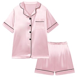 Digirlsor Little Boys Girls Short Satin Pajamas Set Classic Silk Pjs Toddler Kids 2 Piece Sleepwear Button-Down Short Sleeve Pink, Tag14/9-10 years/ Height 130-140cm