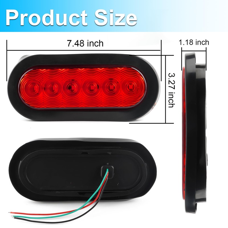 LIGBT 2PCS 6 Inch Oval Red LED Trailer Tail Lights