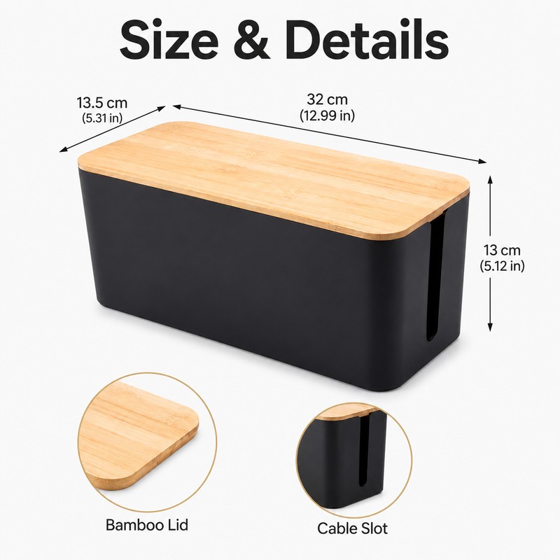 Cable Management Box for Power Strips & Cords - Bamboo