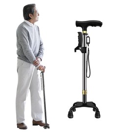 Anti-Slip Aluminum Alloy 4-Leg Folding Crutches for Elderly – Portable Multi-Function Walking Cane with Non-Slip Pads & Adjustable Height (Black)