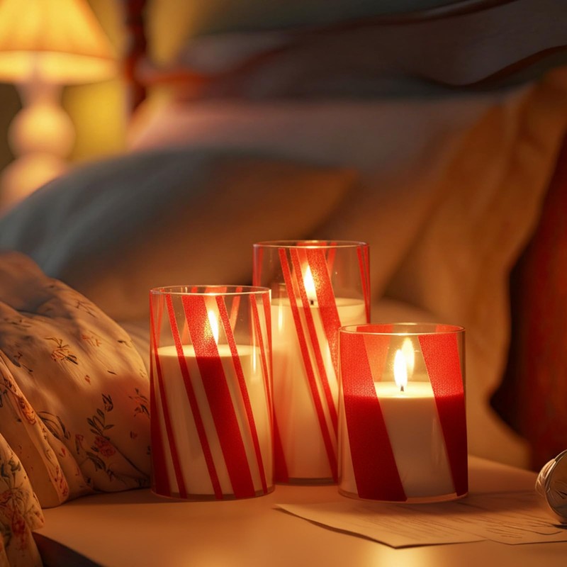 Glooglitter 3 Pcs Candy Cane Flameless Candles with Remote Timers