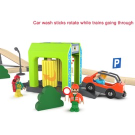 Wooden Train Accessories Car Washer for Railroad Train Track, Train Toys Accessory Compatible with All Major Brands of Train Set System, Railway Tracks Station for Kids Ages 3 and Up.