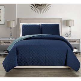 Embossed Microfiber Navy Reversible Bedspread/Quilt Set King