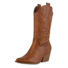 VAN HILL Ladies Funnel Heel Embroidery Cowboy Boots, light brown