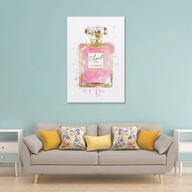 WEboL Fashion Gold Inky Perfume In Pink Bottle Splash Decorative Painting Canvas Wall Art Picture Print Modern Family Bedroom Decor 12x18inch(30x45cm), style-2