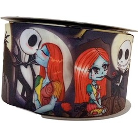 Jack and Sally Kissing in Love 1 Inch Wide Repeat Ribbon Sold in Yards (10 Yards)