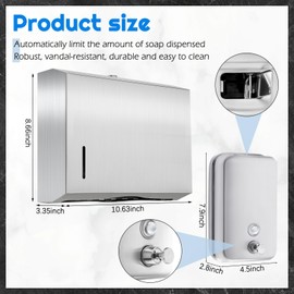 Kritkin 2 Pcs Commercial Soap Dispenser and Paper Towel Dispenser Set with Lock-Stainless Steel,Wall Mount,Large Capacity Manual Liquid Pump Rust Proof Leak Free for Home Bathroom (500 ml,Style 2)