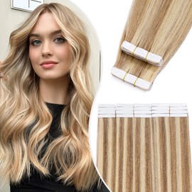 Elailite 40 Pcs Hair Extensions Real Human Hair Tape in Straight - Seamless Skin Weft Remy Hair Extension (#12/613 Golden Brown Mix Bleach Blonde, 16 Inch-100g)